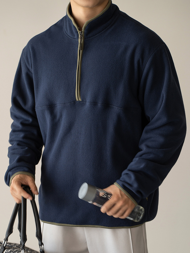 老錢風復古搖粒絨半拉鍊衛衣男秋冬加絨加厚保暖休閒長袖T恤