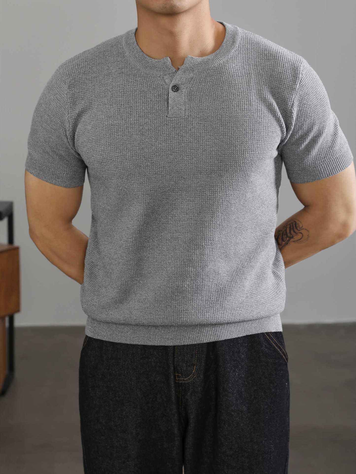 亨利領收袖短袖T恤針織衫男高級感針織肌理運動休閒體恤上衣