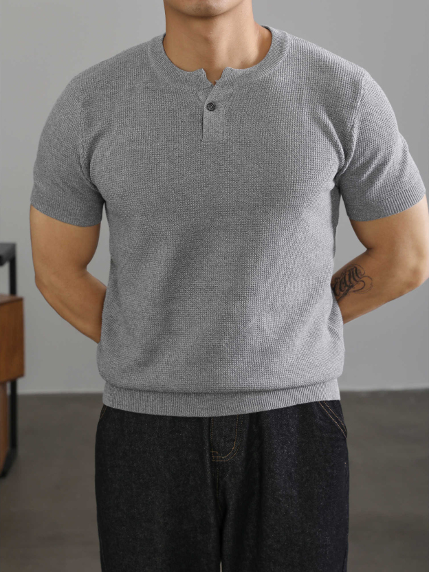 亨利領收袖短袖T恤針織衫男高級感針織肌理運動休閒體恤上衣