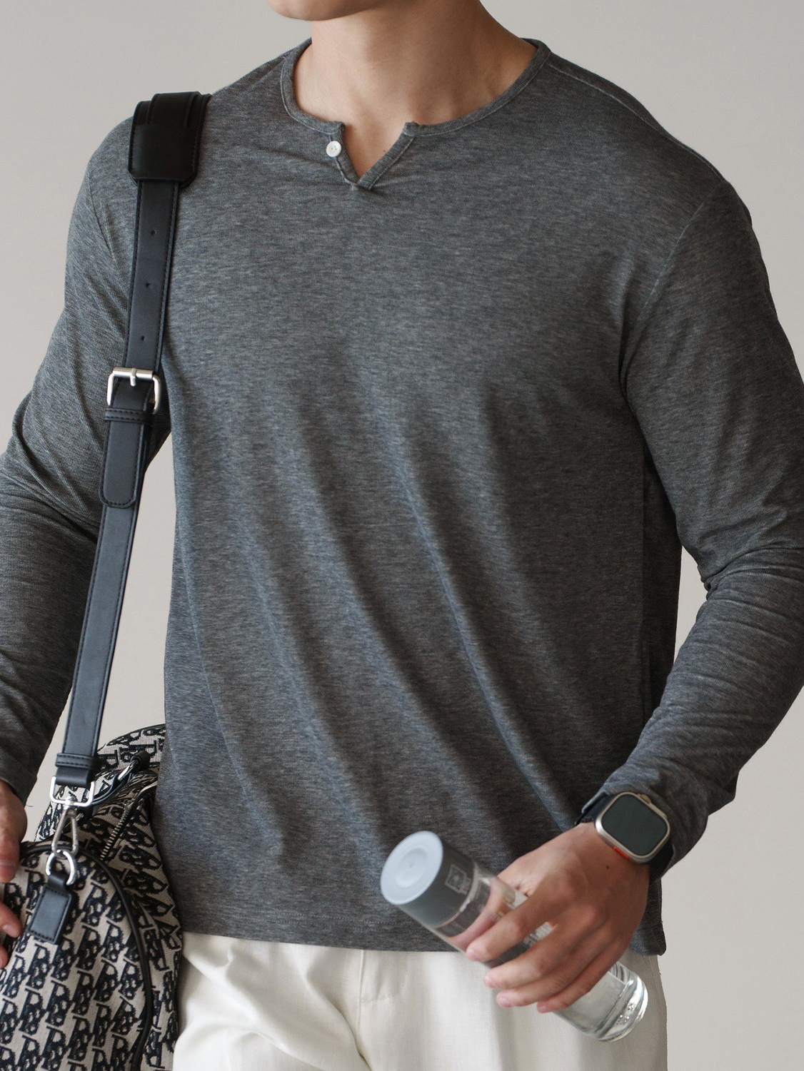 萊賽爾混紡小V領半開襟長袖T恤男士2026春季新款雲感親膚上衣