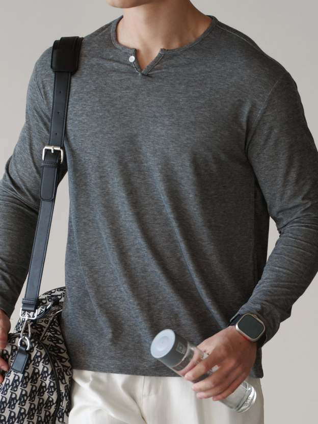 萊賽爾混紡小V領半開襟長袖T恤男士2026春季新款雲感親膚上衣