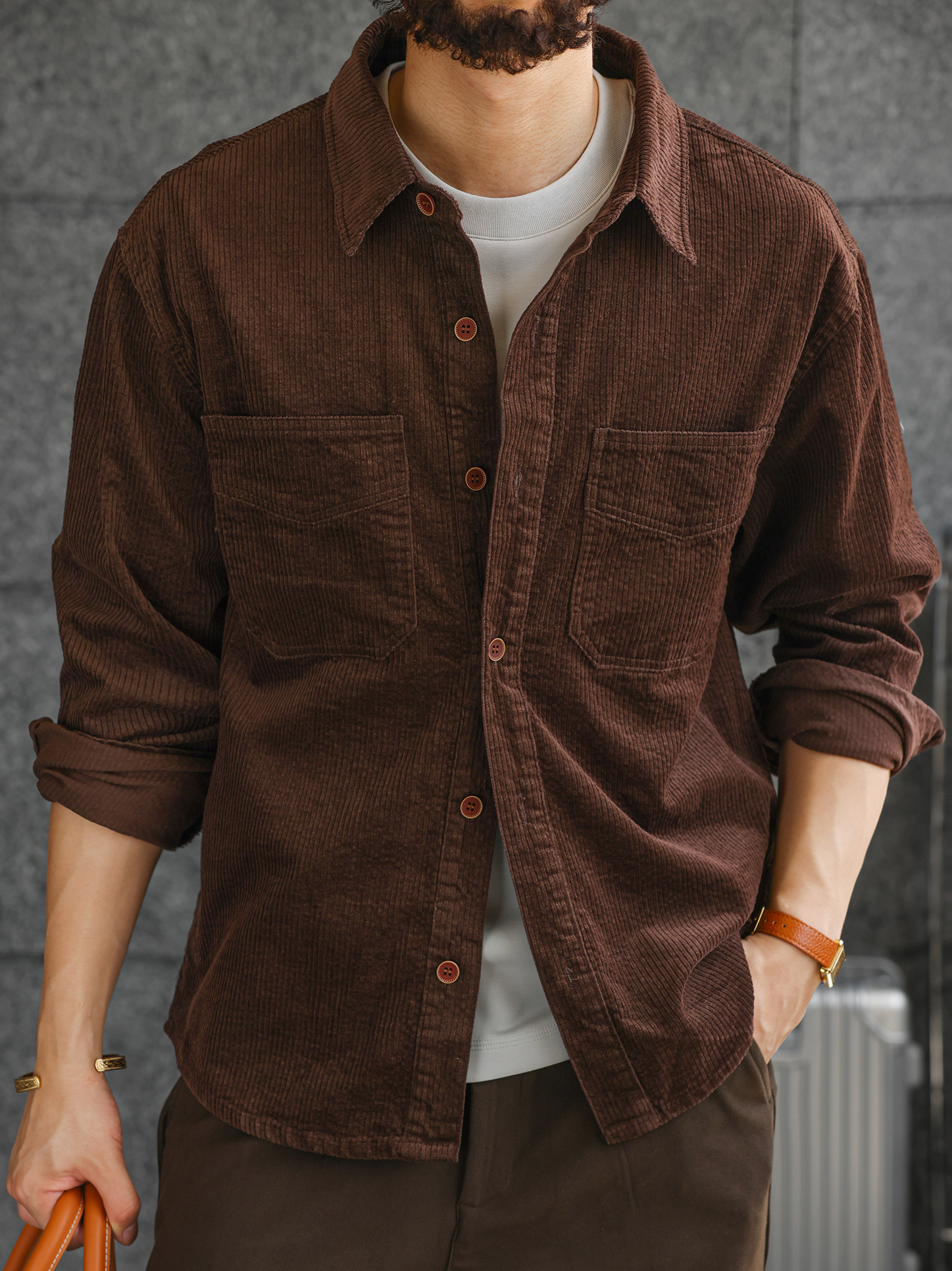 【智性通勤】高定舒適燈芯絨長袖襯衫男士肌理感休閒襯衣