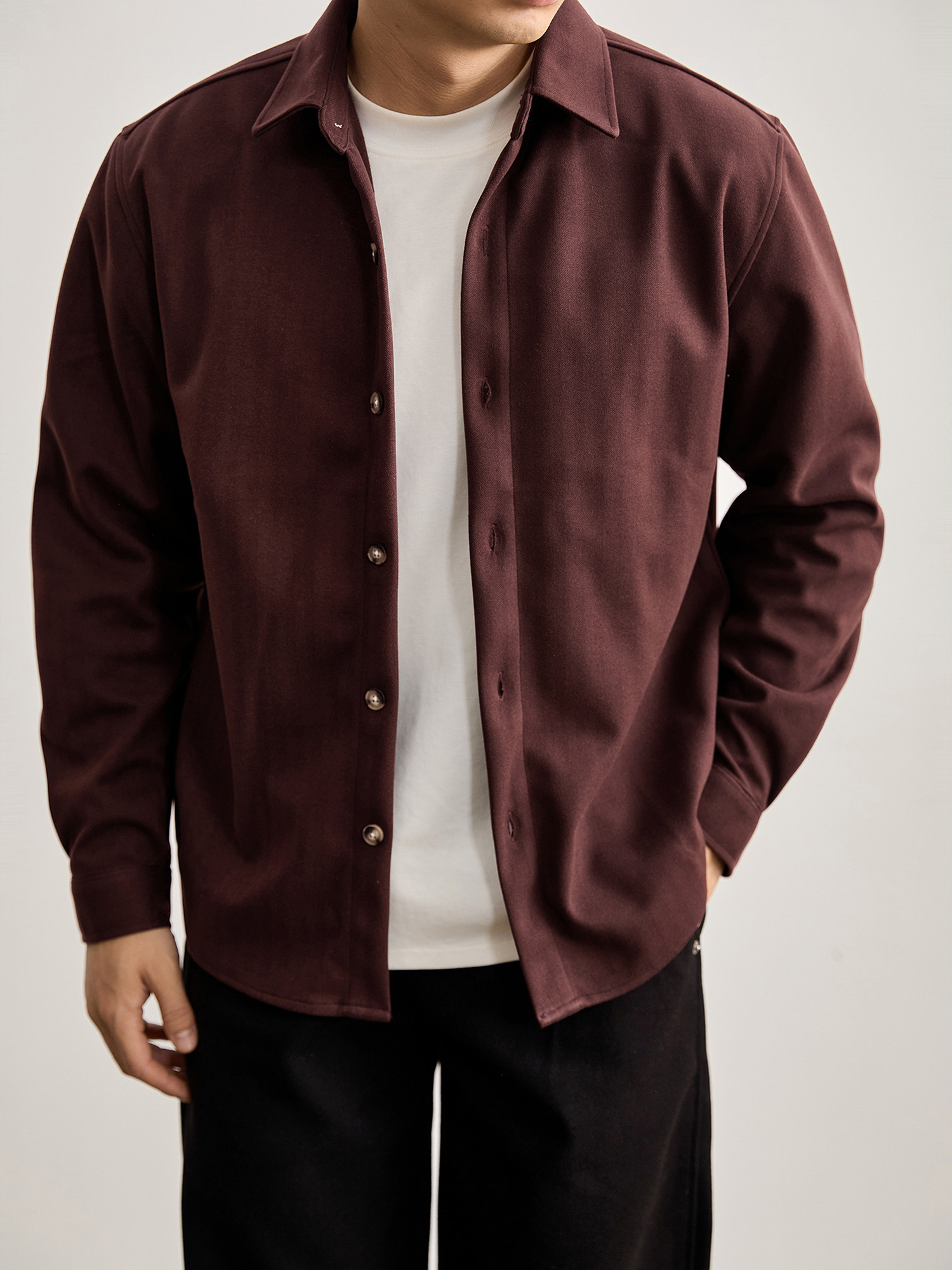 儒雅新貴磨毛毛呢翻領襯衫男春老錢定製樹脂扣翻領襯衣