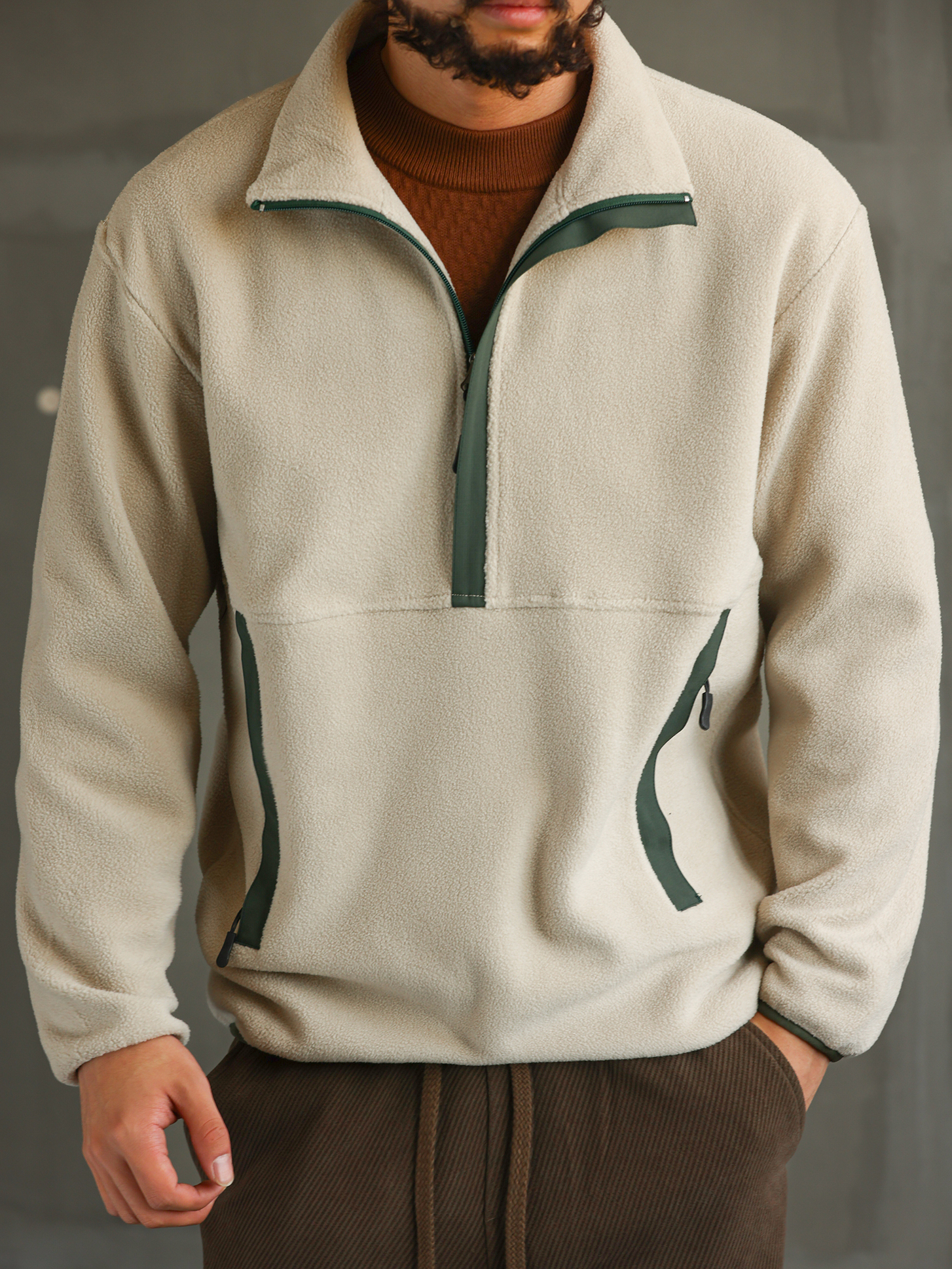 【無界型動】撞色羊羔絨衛衣男士秋冬加厚保暖半拉鍊外套