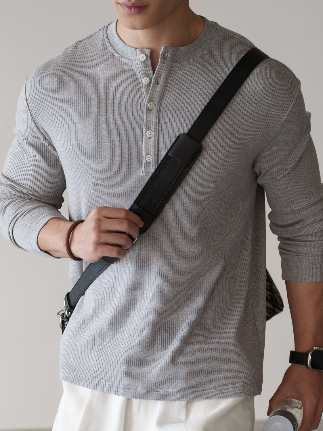 格雷系半開襟亨利領豎坑條針織T恤男士春季通勤休閒長袖上衣