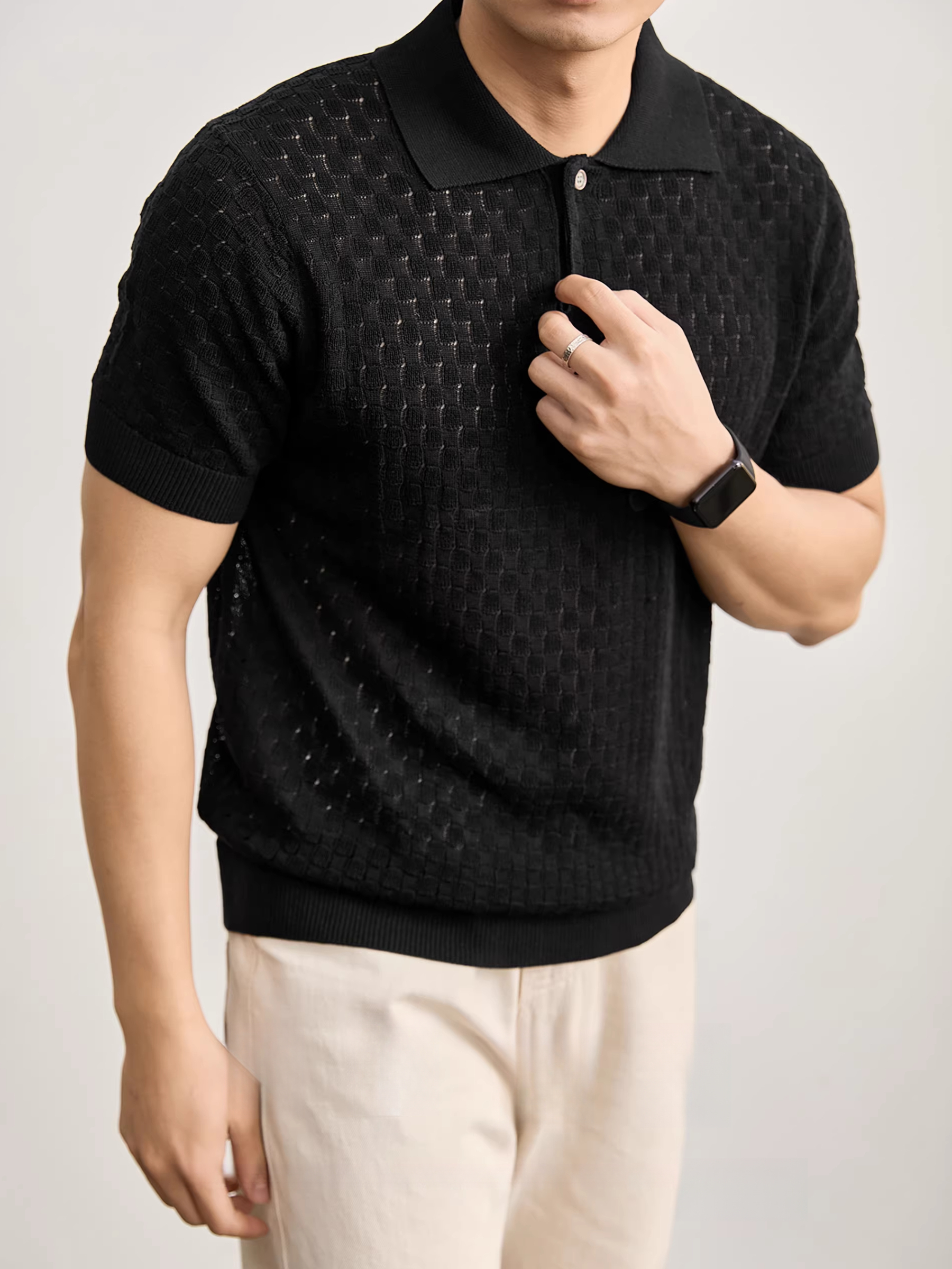 個性透氣蜂巢鏤空提花針織肌理T恤亞麻萊賽爾短袖polo衫男夏