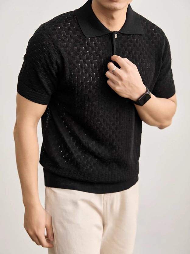 個性透氣蜂巢鏤空提花針織肌理T恤亞麻萊賽爾短袖polo衫男夏