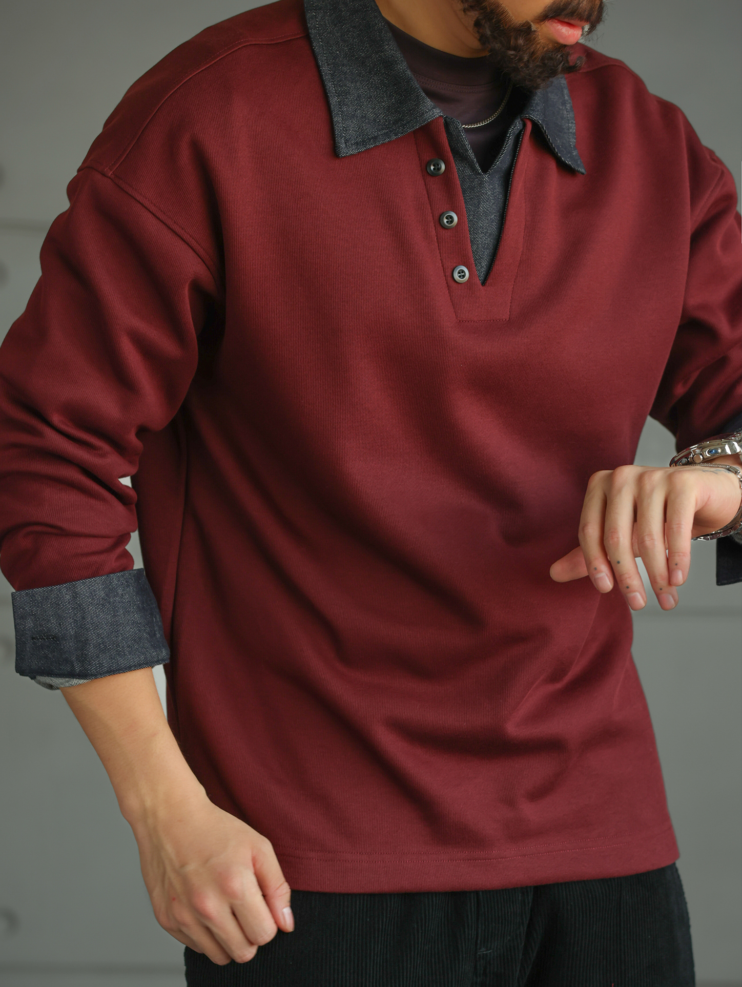 【丹寧樣本】撞色牛仔拼接假兩件長袖POLO衫男士翻領T恤