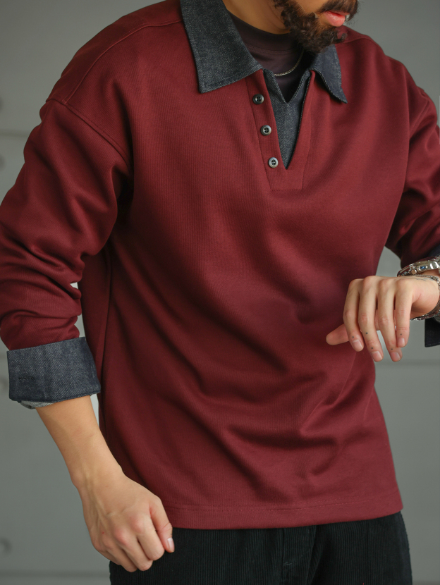 【丹寧樣本】撞色牛仔拼接假兩件長袖POLO衫男士翻領T恤