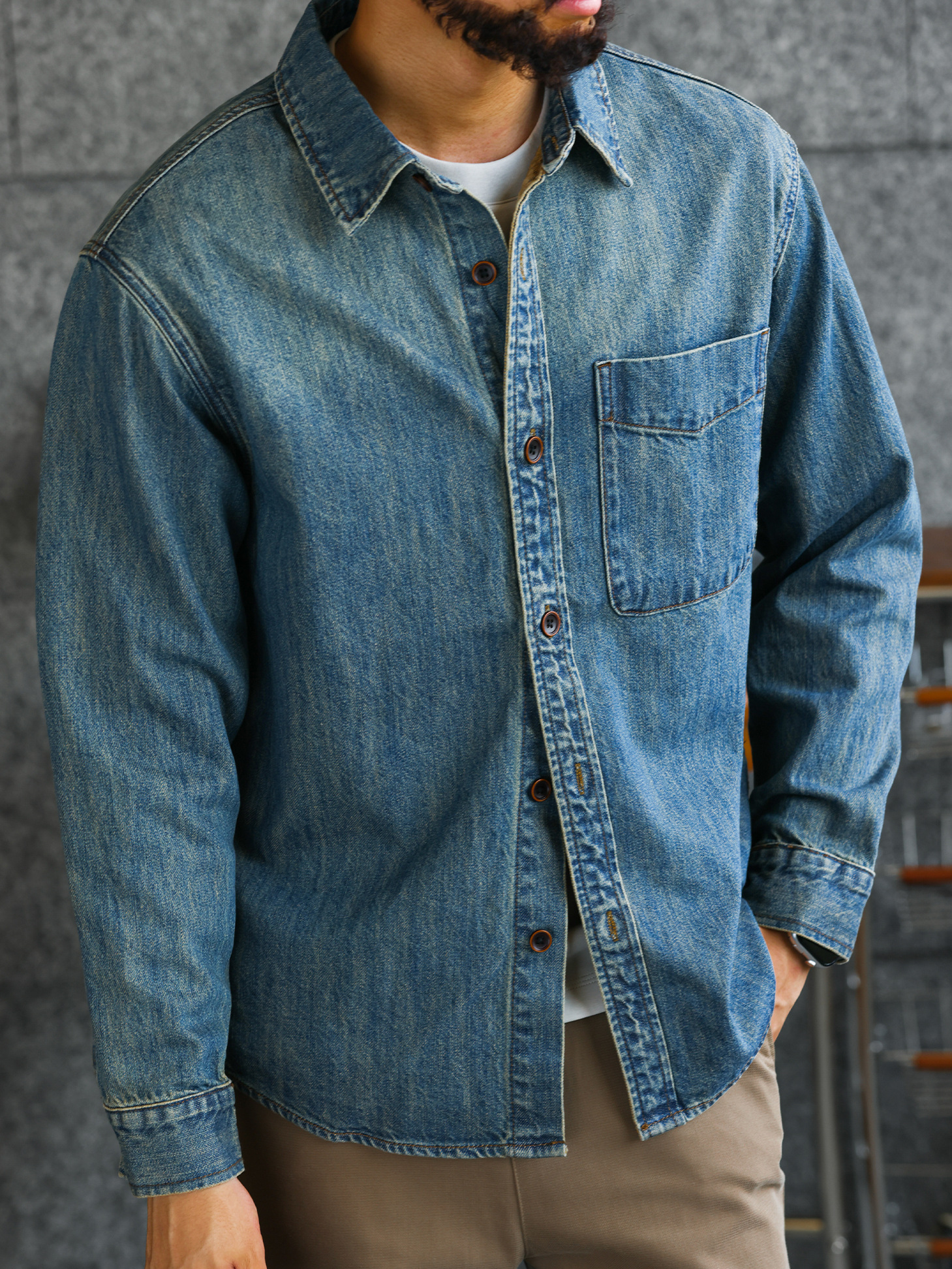 【純棉丹寧】復古長袖牛仔襯衫男100%長絨棉休閒襯衣外套