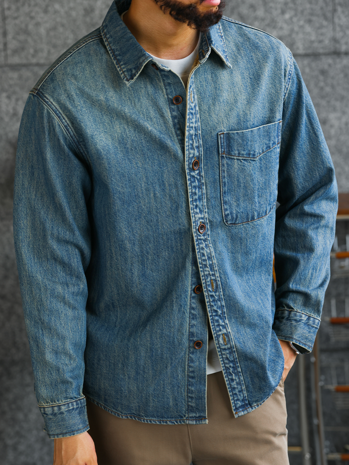 【純棉丹寧】復古長袖牛仔襯衫男100%長絨棉休閒襯衣外套