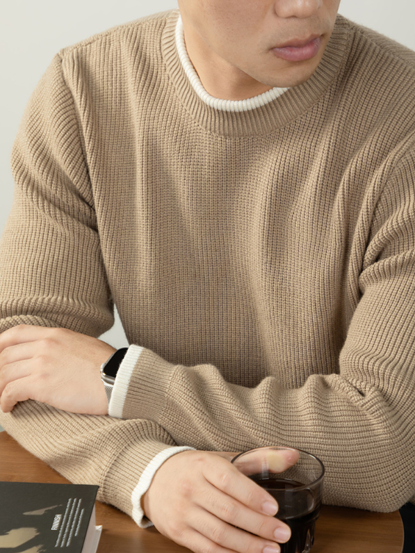 【鬆弛高級感】撞色設計毛衣男秋冬加厚保暖針織衫日系慵懶休閒風