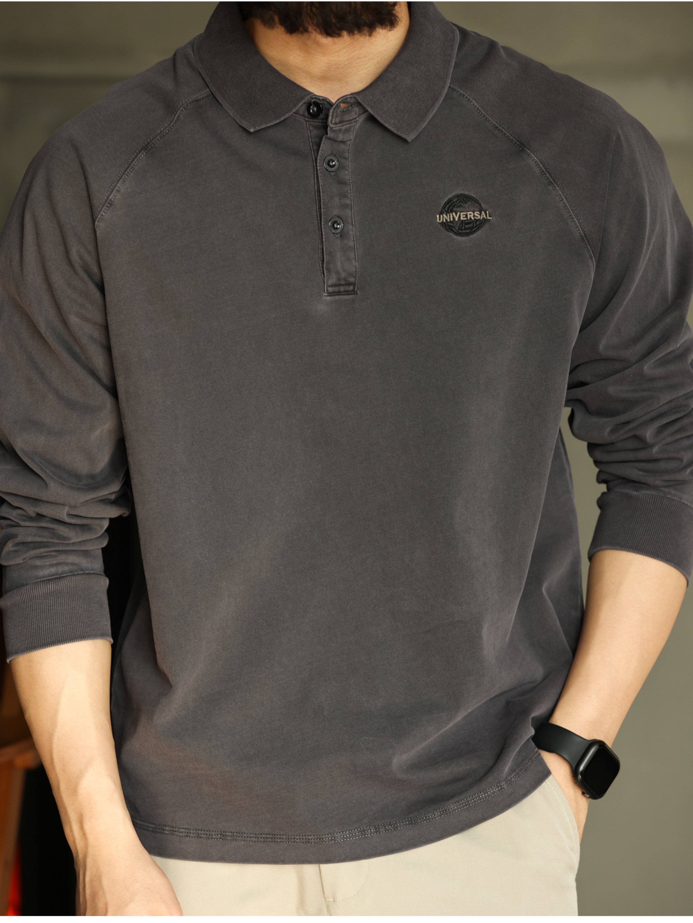 美式復古重磅250g洗水做舊長袖t恤男寬鬆插肩針織polo衫刺繡新款