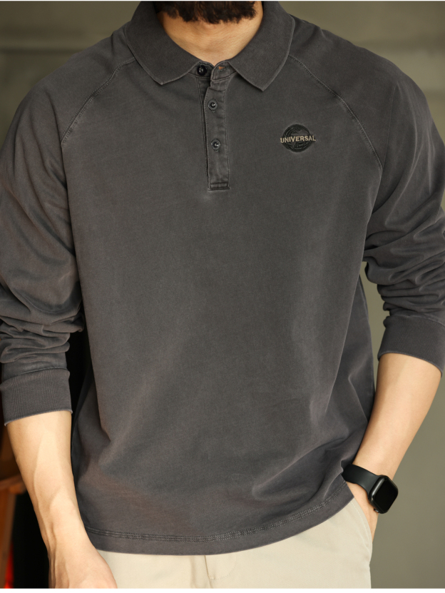 美式復古重磅250g洗水做舊長袖t恤男寬鬆插肩針織polo衫刺繡新款