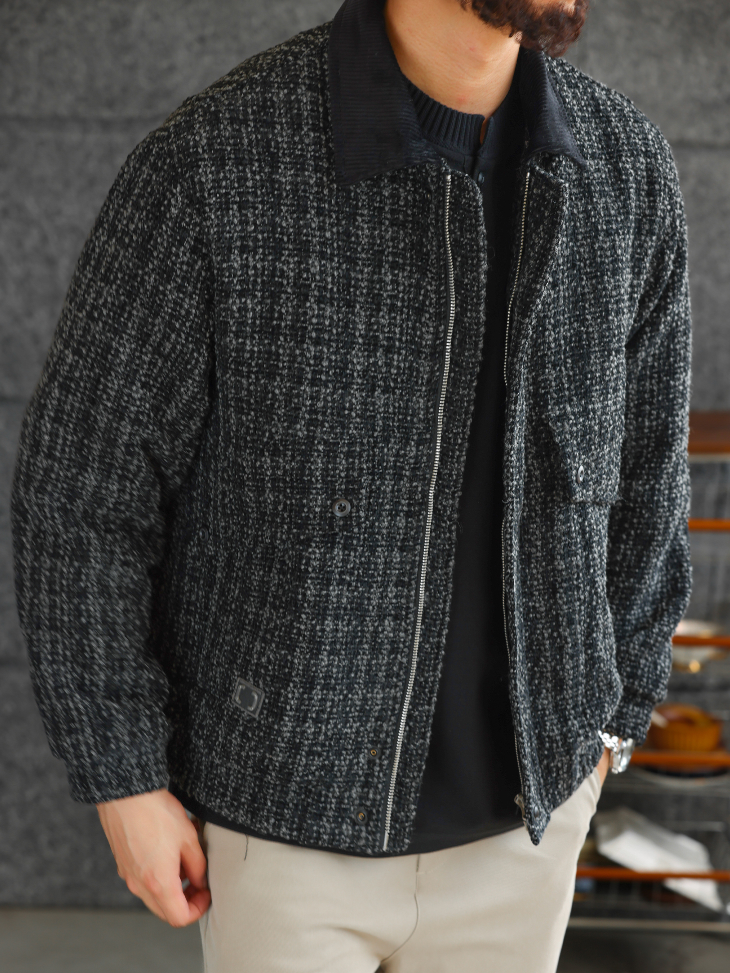 【羊毛工坊】高定花紗面料羊毛質感夾克男士休閒毛呢外套