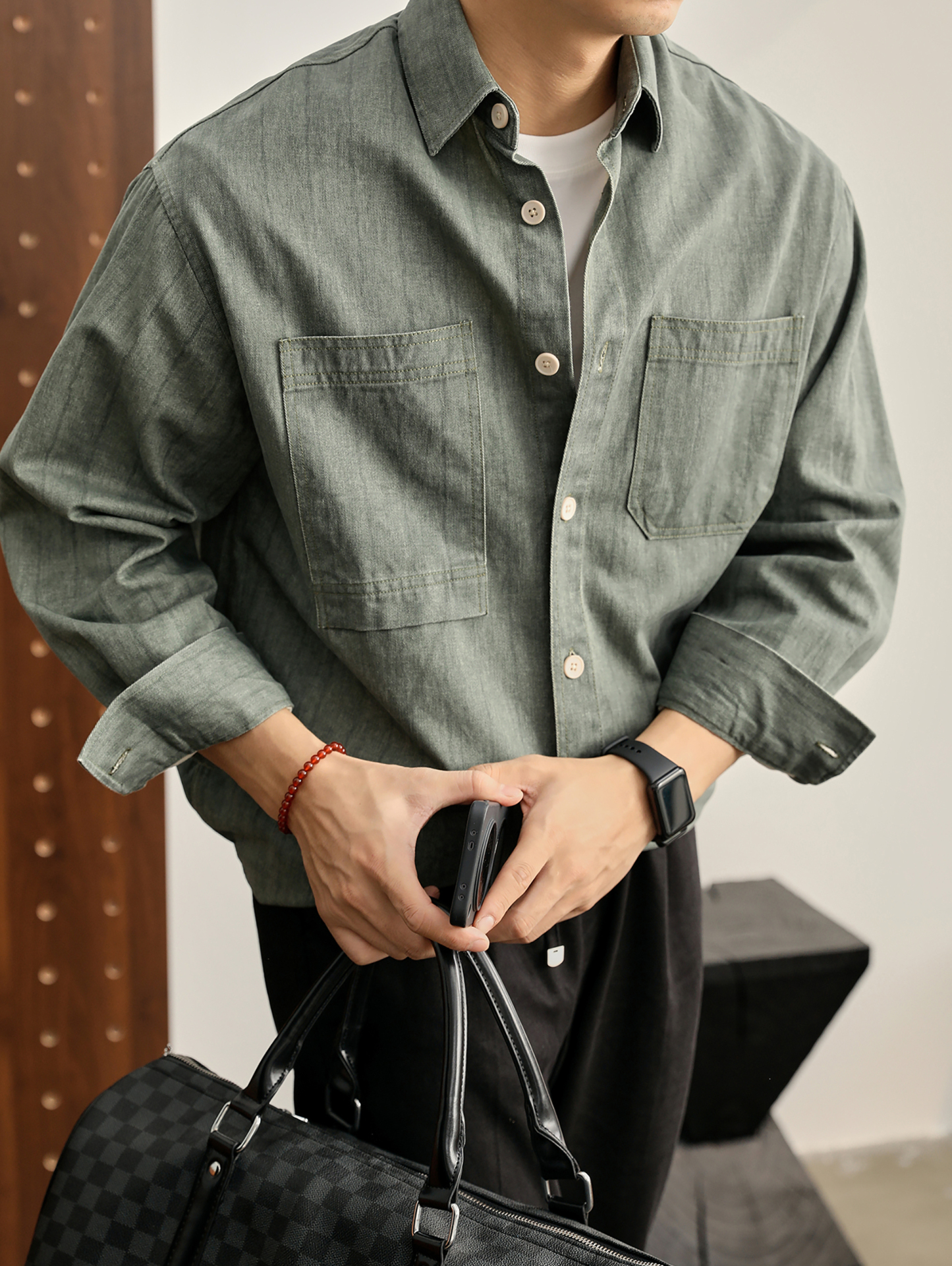 日系復古老錢男士100%純棉長袖襯衫秋季雙口袋純色襯衣外套