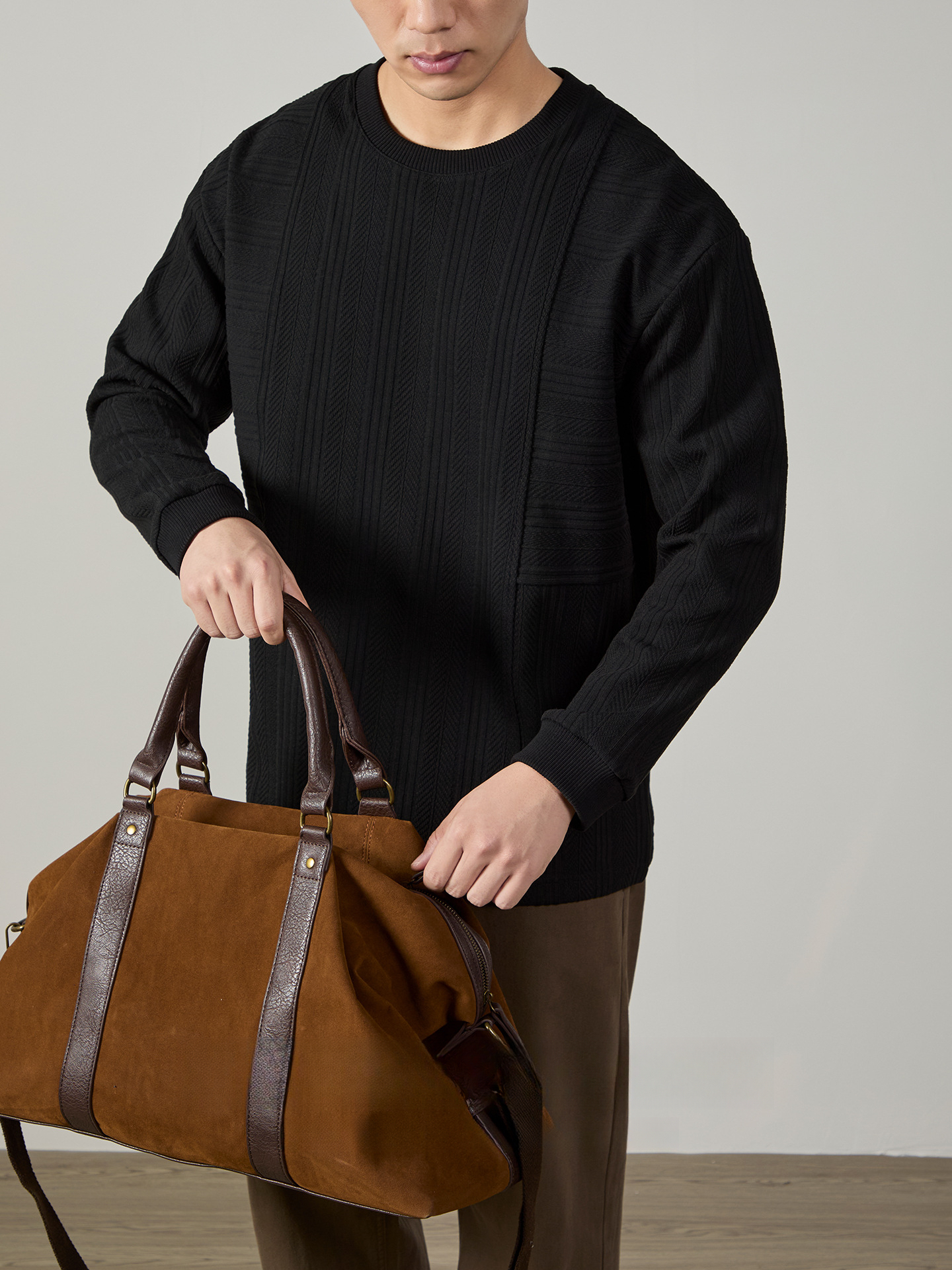 【溫潤極簡風】經典麻花紋理棉感打底衫男士寬鬆垂感圓領長袖T桖