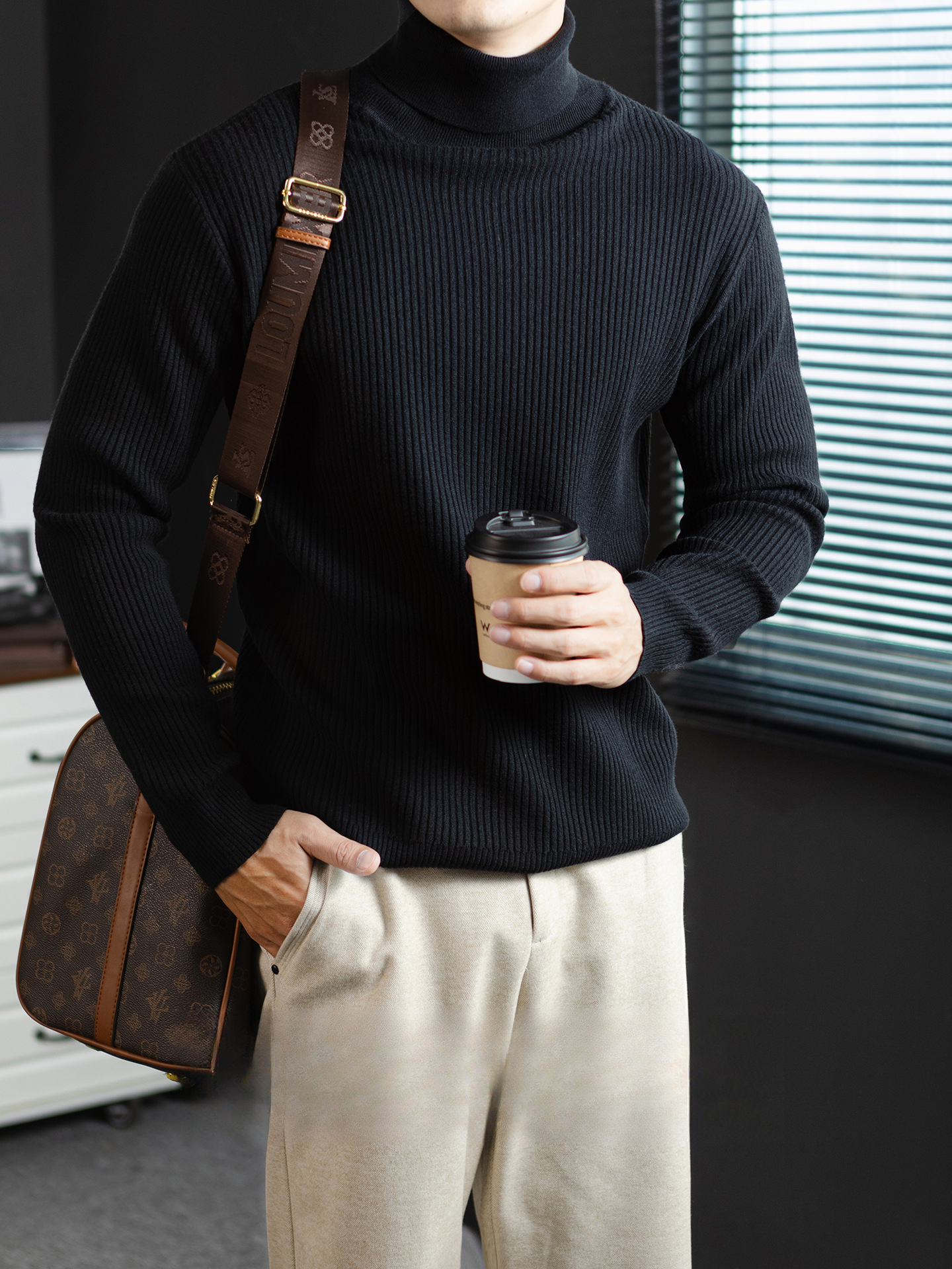 【優雅紳士感】可機洗厚款條紋純色針織毛衣冬季高領保暖打底衫男
