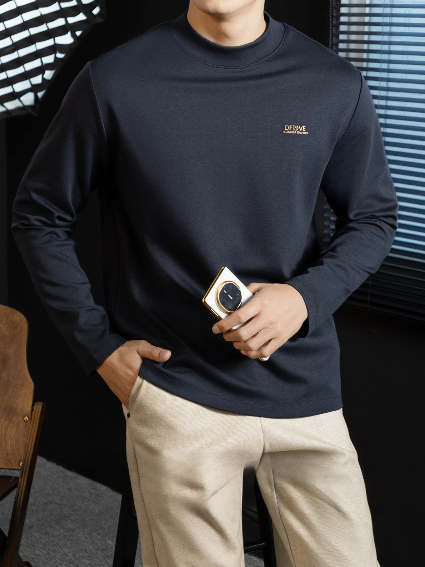 高定雲柔莫代爾棉T恤男士半高領秋冬輕熟商務打底衫垂感印花上衣