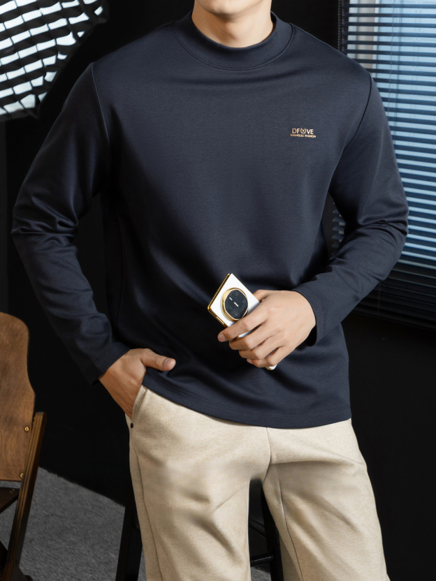 高定雲柔莫代爾棉T恤男士半高領秋冬輕熟商務打底衫垂感印花上衣