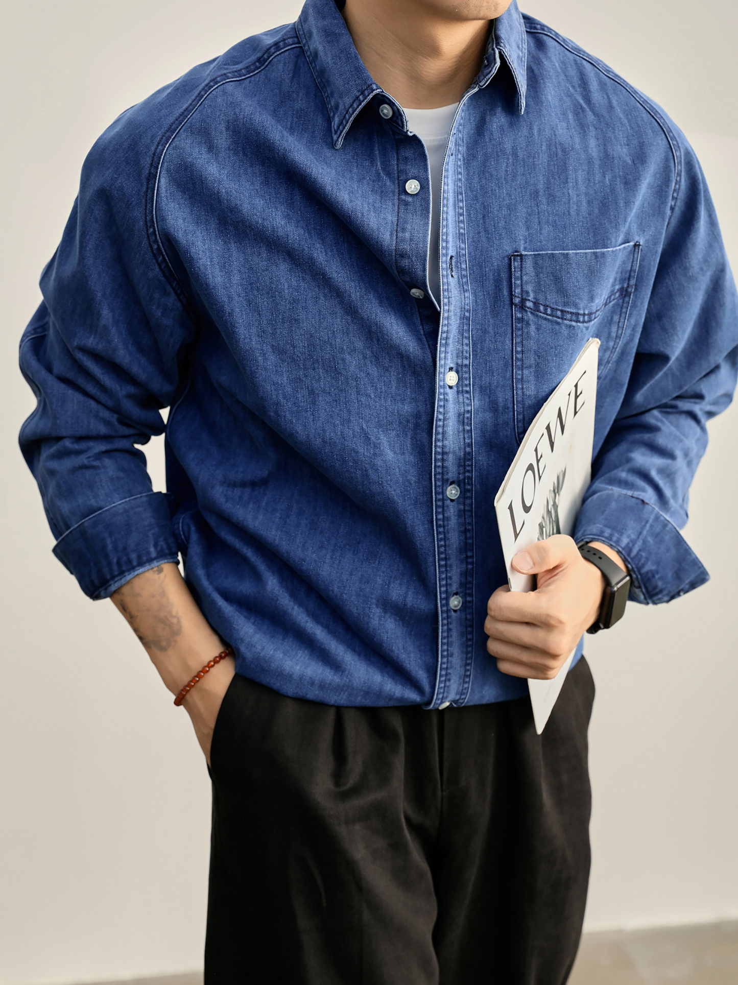 插肩袖洗水棉重磅280g牛仔襯衫男輯明線貼布口袋長袖小外套