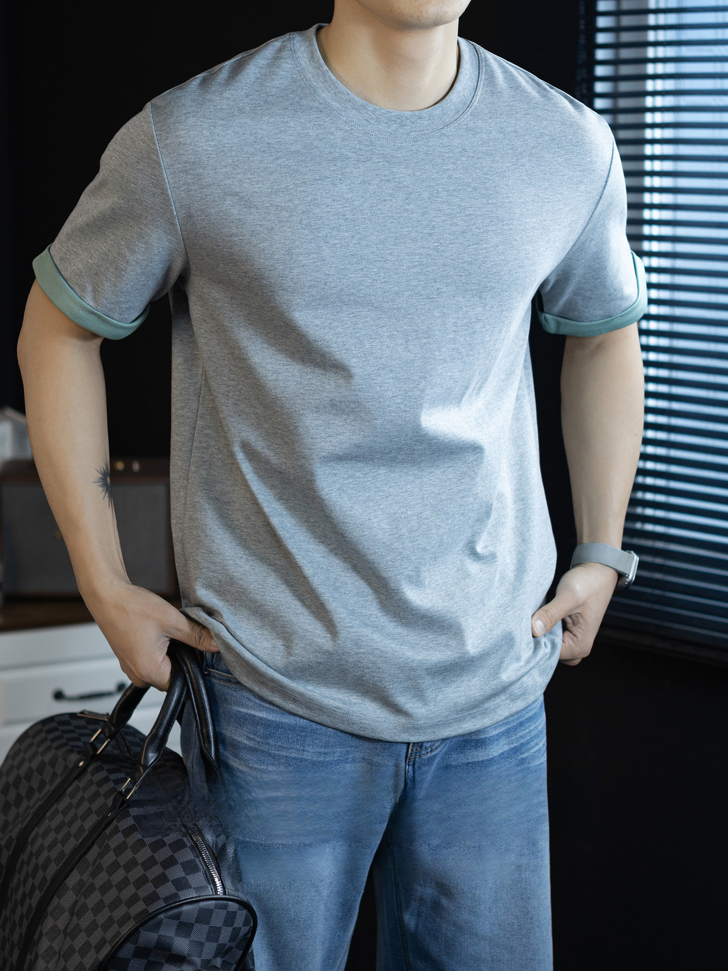 【高階復古】雙紗絲光棉撞色短袖T恤男260G重磅夏季涼感透氣速幹T恤