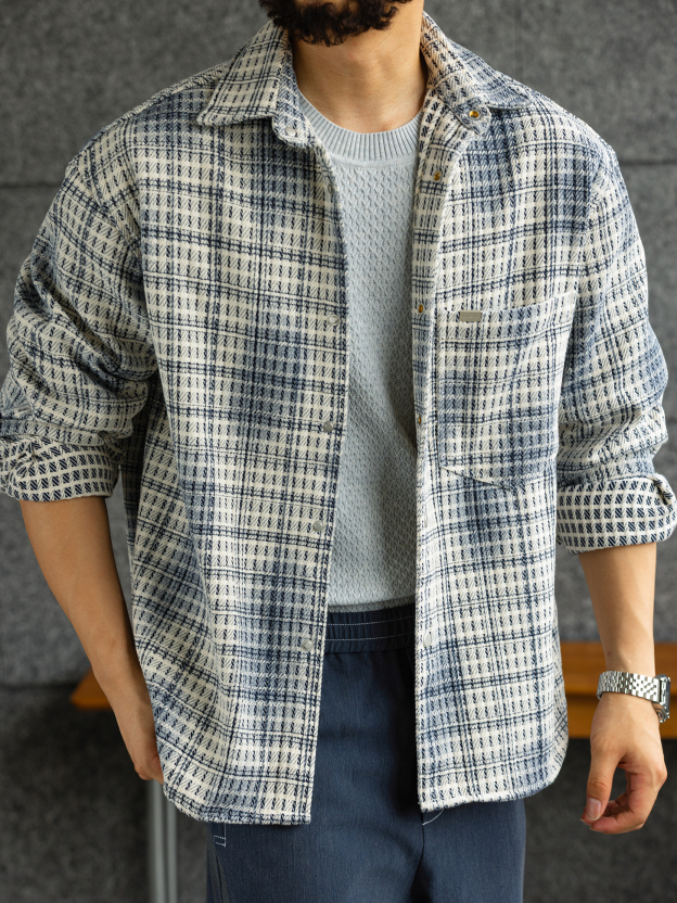 【維羅納記憶】高端粗花呢肌理長袖襯衫男小香風格子襯衣