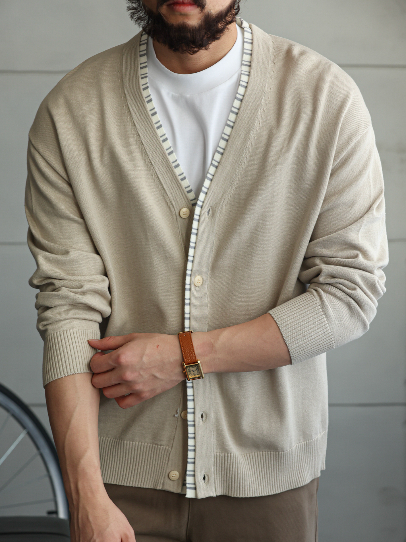 高密28針織帶拼接針織開衫男商務休閒修身長袖V領薄外套