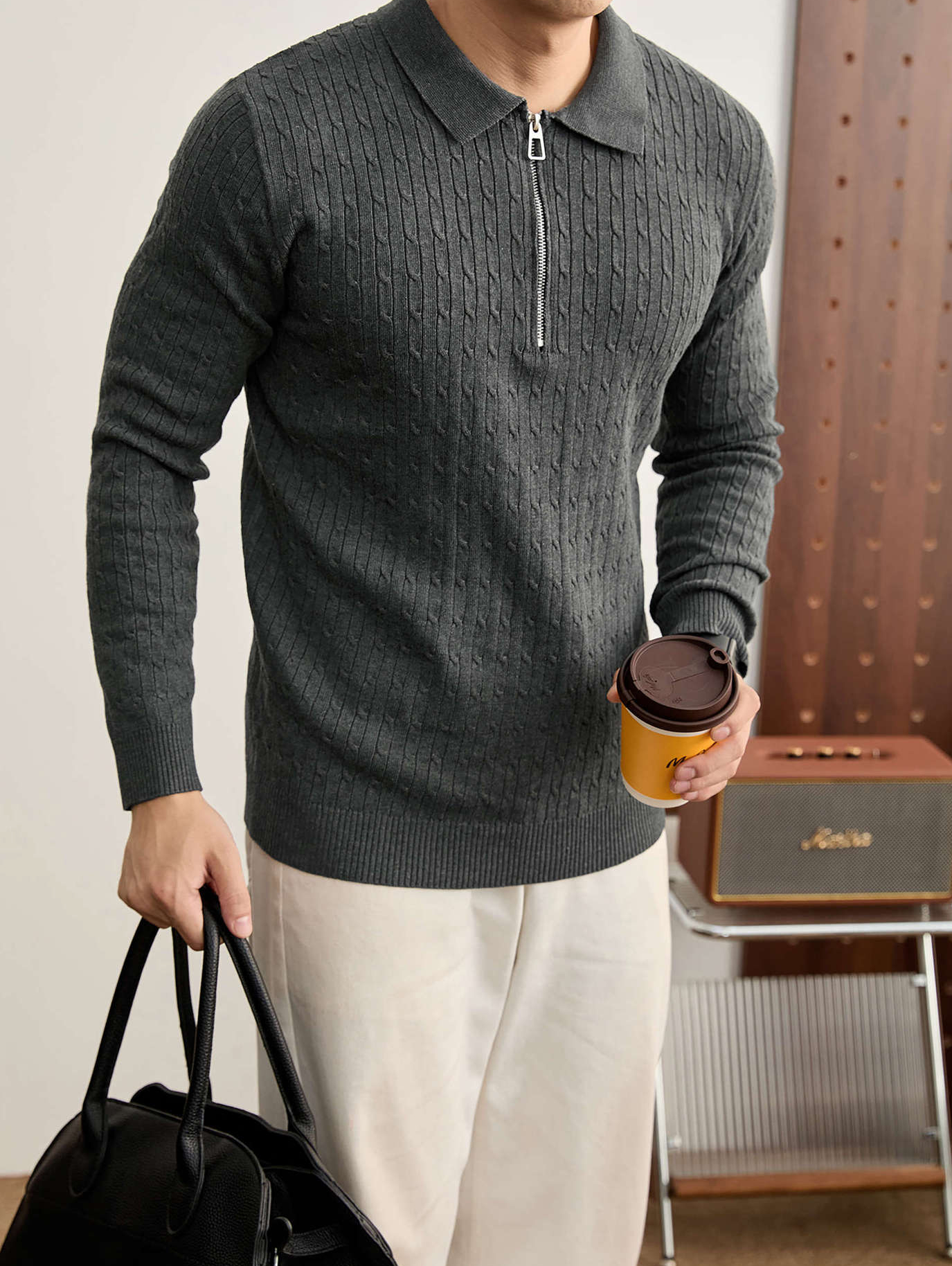老錢風編織提花紋理長袖毛衣男秋冬修身半拉鍊POLO領針織衫