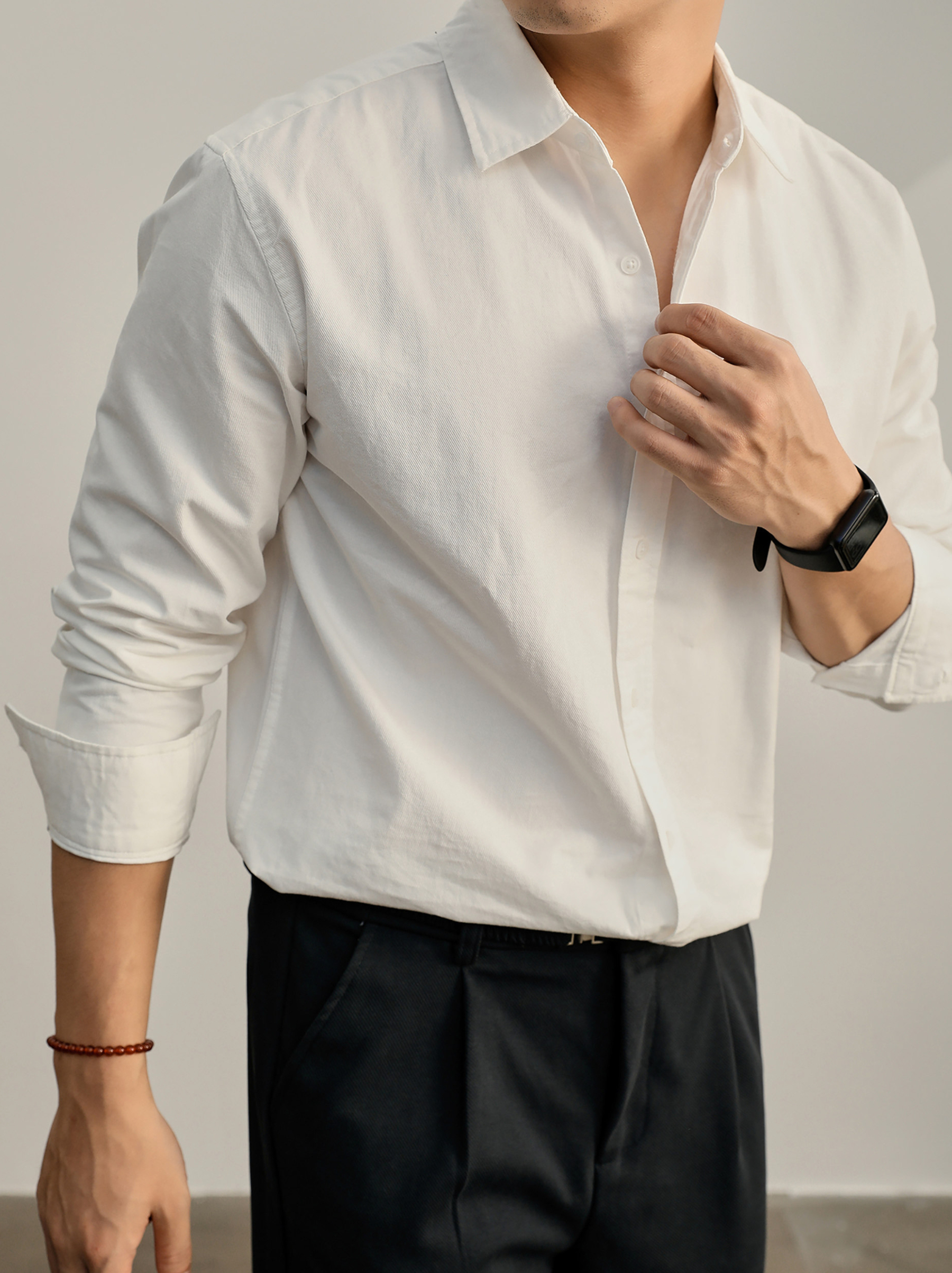 高端韓版100%純棉翻領襯衫男秋季純色時尚百搭長袖寸衣外套