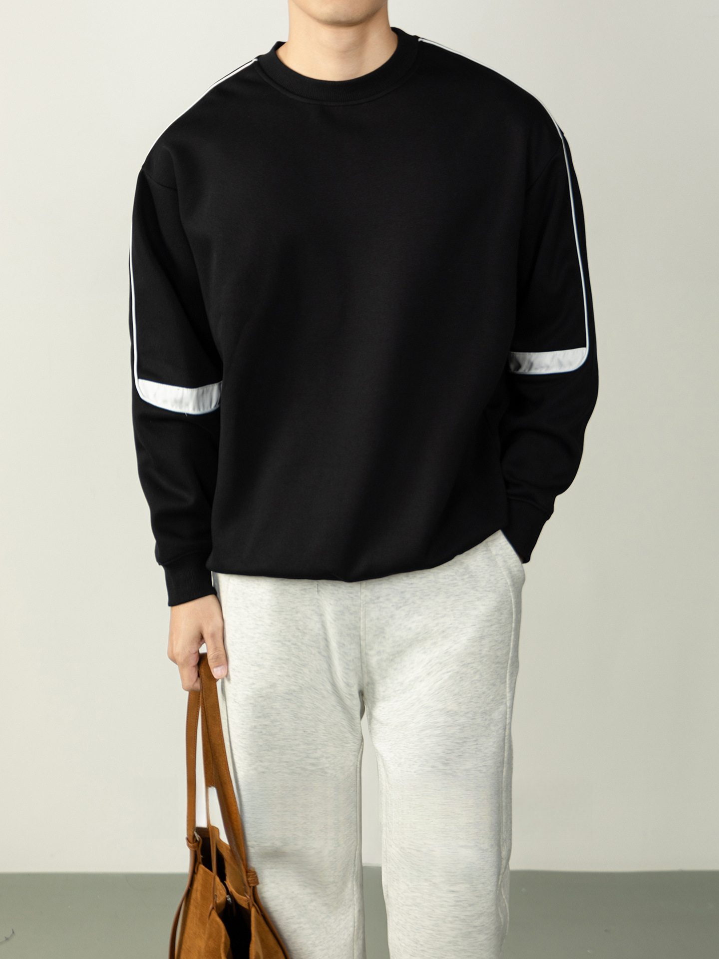 時尚老錢風 撞色拼接圓領衛衣男2026春秋高級紫色寬鬆落肩長袖T恤