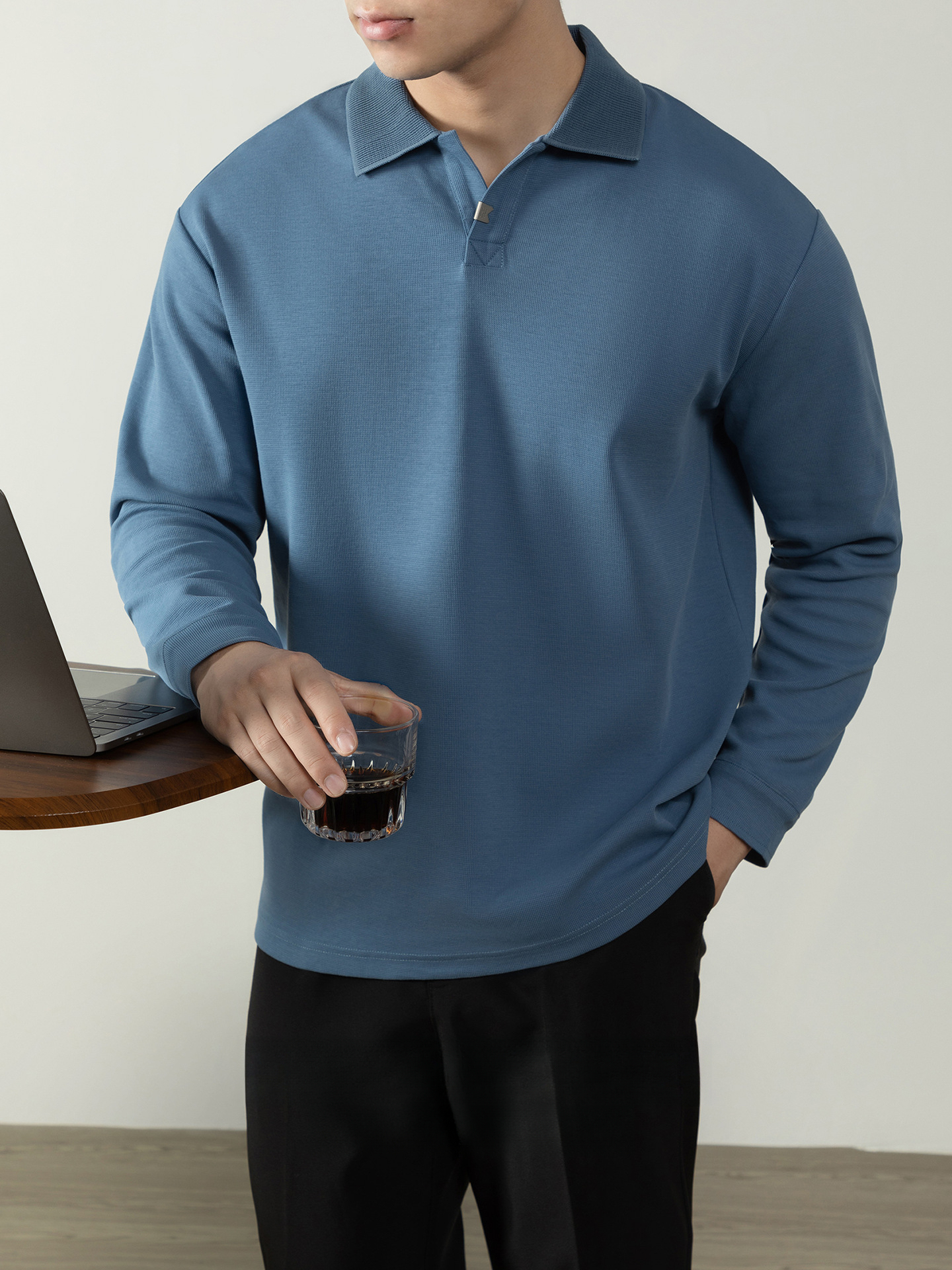 奢享系列| 高級維希格紋棉海鷗領POLO衫男長袖厚款秋冬百搭上衣