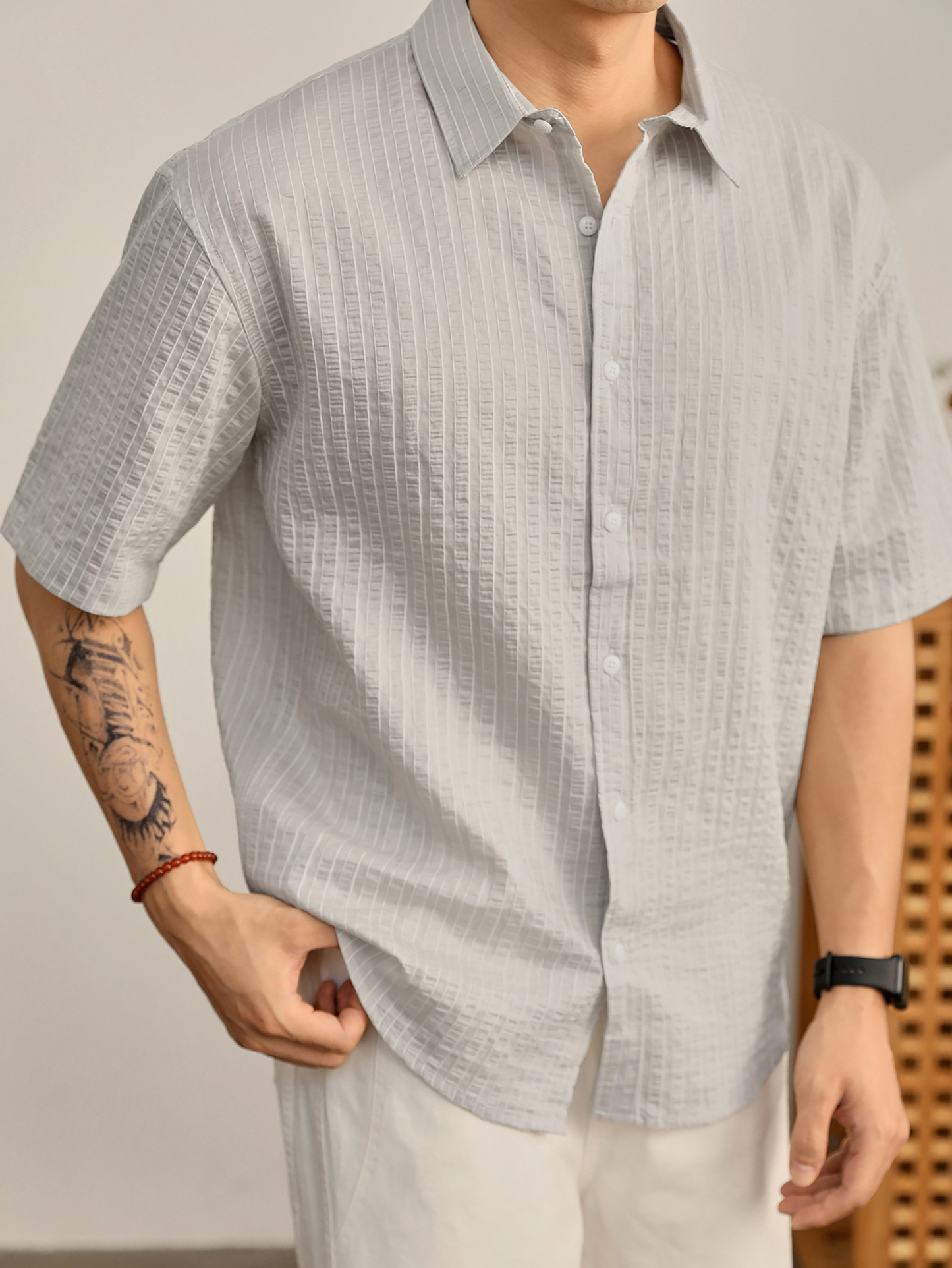 夏季男士宽松落肩条纹衬衫天丝莱赛尔微皱泡泡肌理薄款衬衣