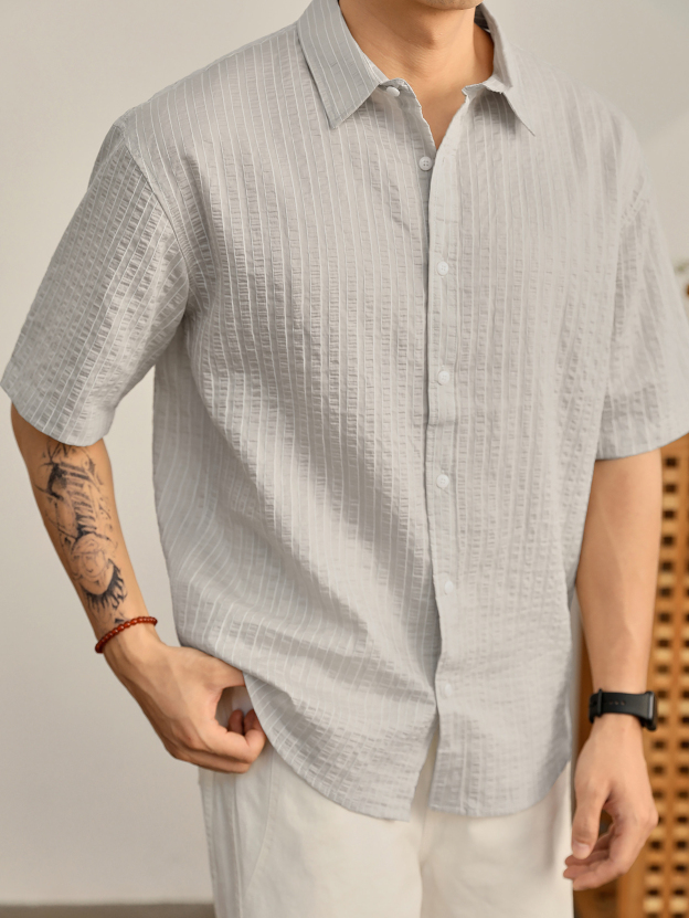 夏季男士宽松落肩条纹衬衫天丝莱赛尔微皱泡泡肌理薄款衬衣