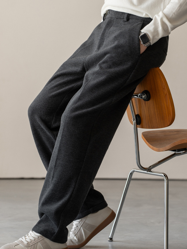 老錢風保暖毛呢直筒休閒褲男士秋冬新款復古垂感闊腿褲男1688
