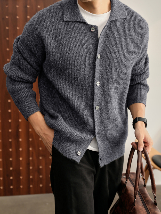 羊毛混紡老錢風翻領針織開衫男簡約休閒混花色毛衣外套秋冬