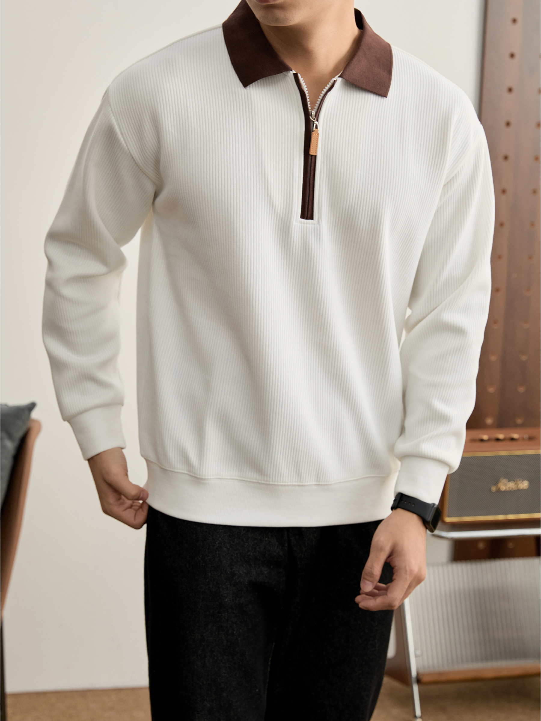  知識分子風男士半拉鍊撞色翻領針織POLO衫秋冬豎紋肌理上衣