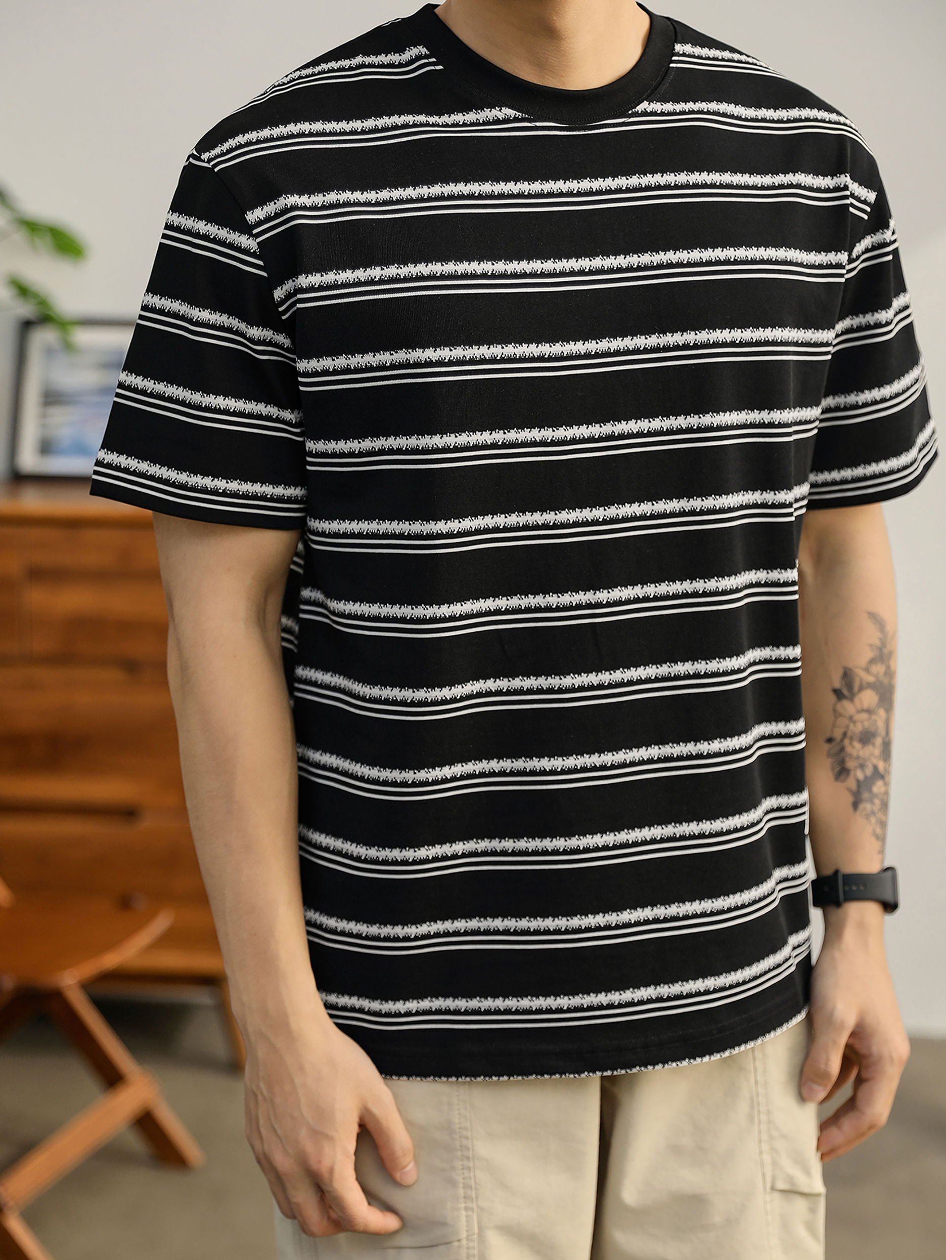 色織提花間色條紋撞色T恤衫復古男士輕奢230g太古棉短袖上衣