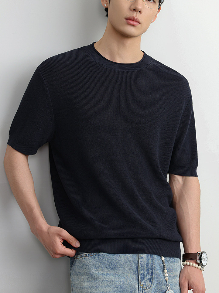 【萊賽爾亞麻】男士夏季寬鬆美式復古純色簡約通勤老錢針織短袖T恤