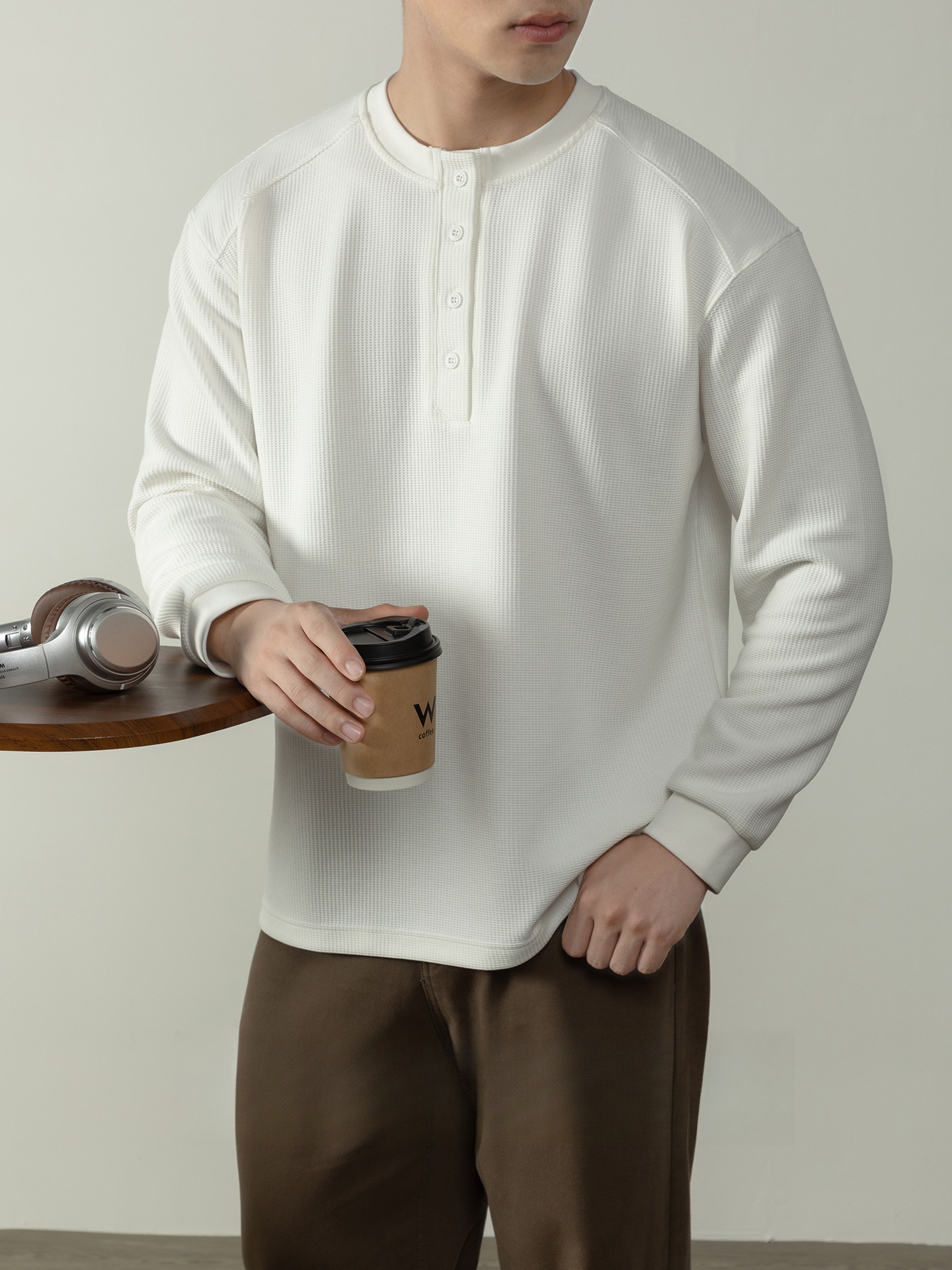 【CD精英系列】輕奢棉感400G華夫格亨利領T桖男款秋季通勤打底衫