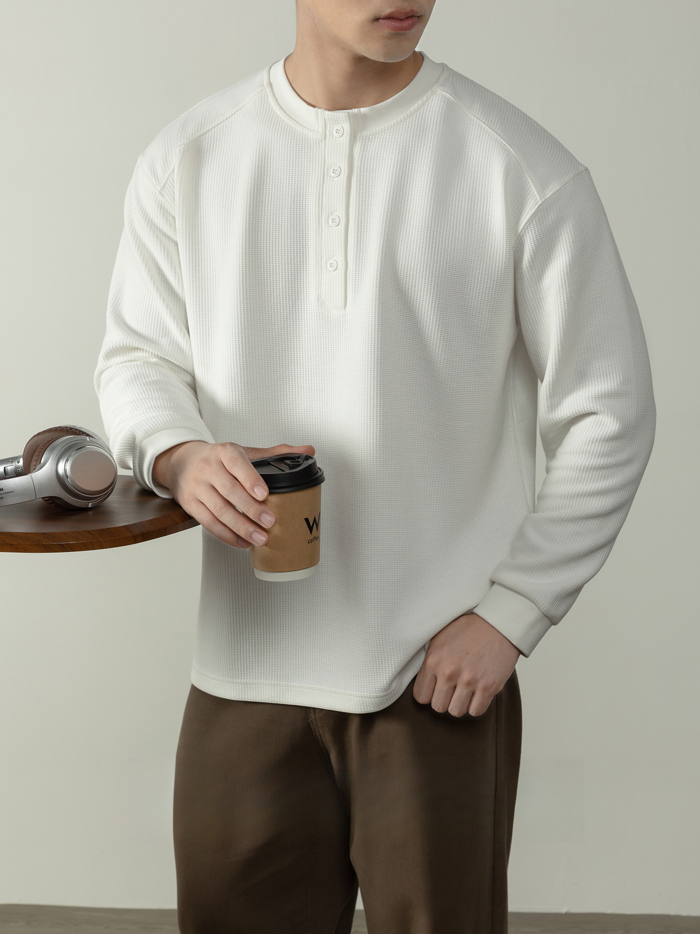 【CD精英系列】輕奢棉感400G華夫格亨利領T桖男款秋季通勤打底衫