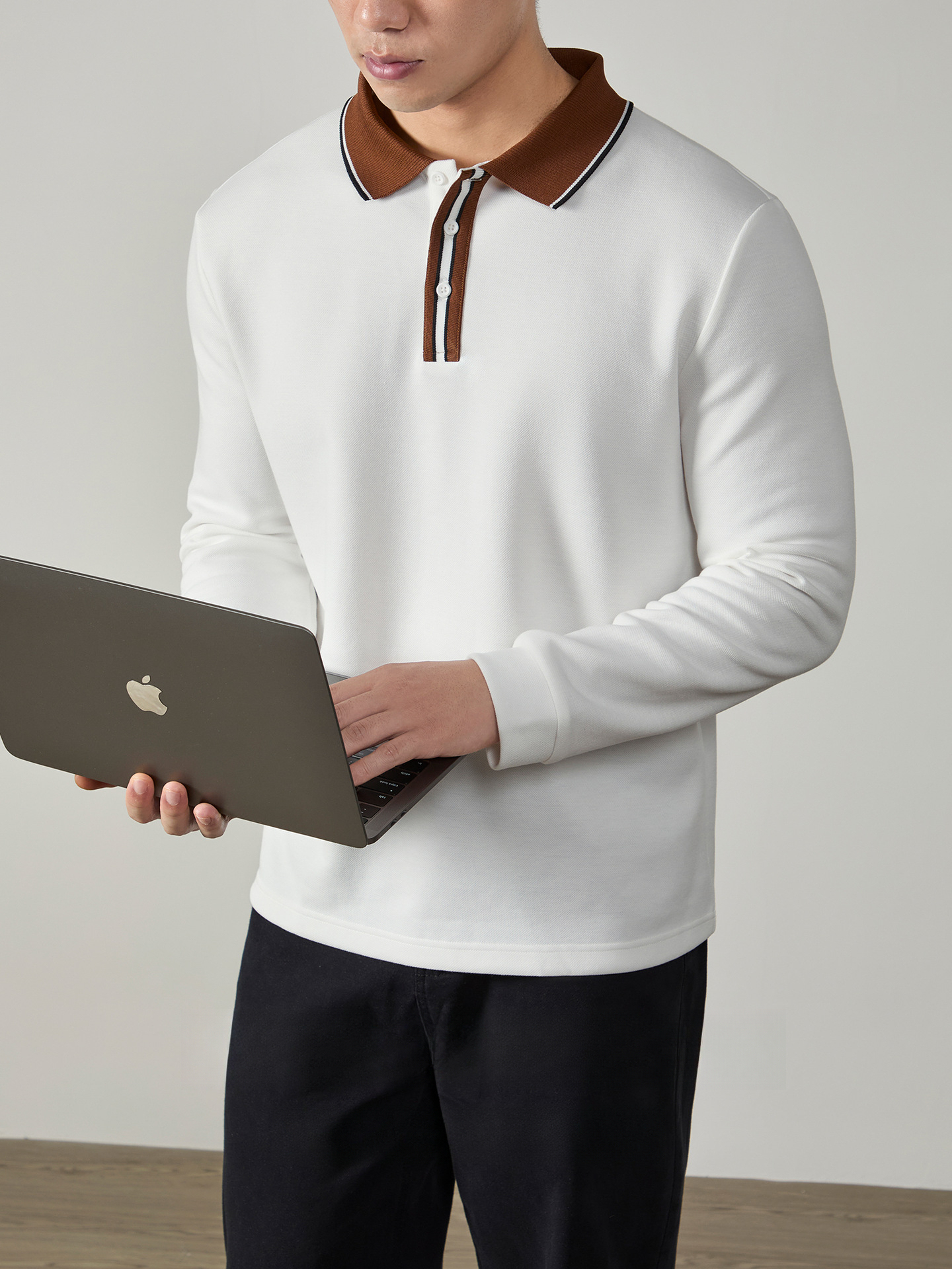 【隱奢格調】雙面珠地棉撞色紐扣長袖POLO衫男士高端商務親肌透氣