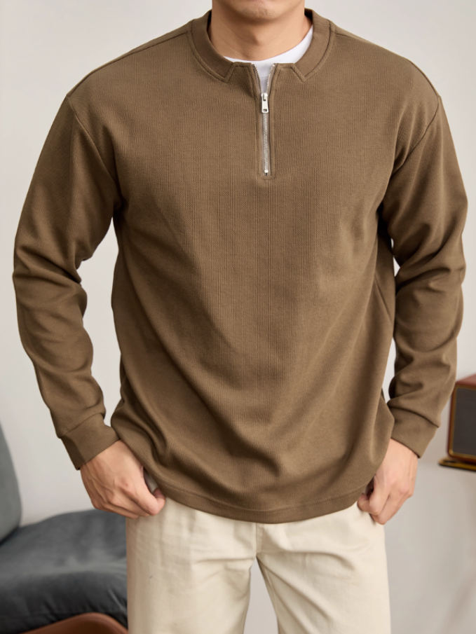 簡約百搭半拉鍊立領白T恤衫男士立體編織肌理感長袖針織衛衣