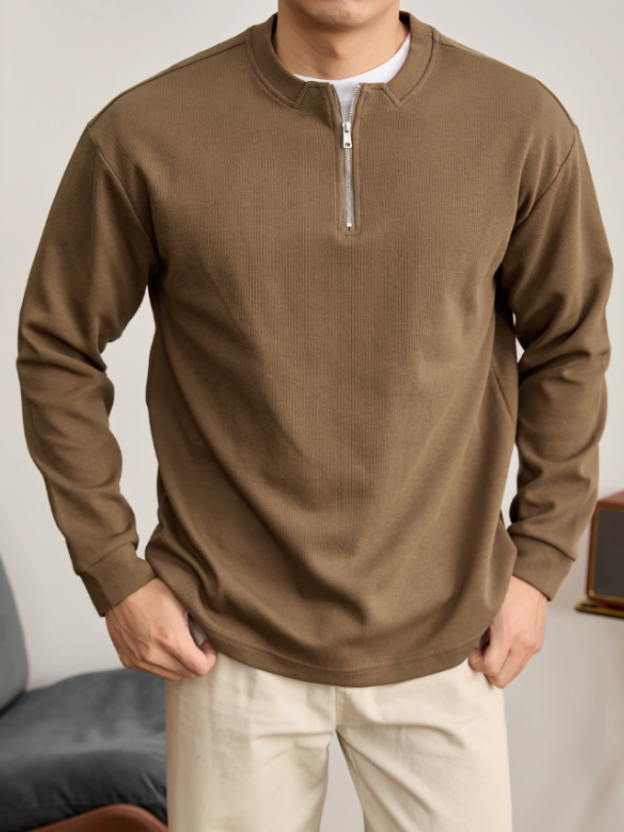 簡約百搭半拉鍊立領白T恤衫男士立體編織肌理感長袖針織衛衣