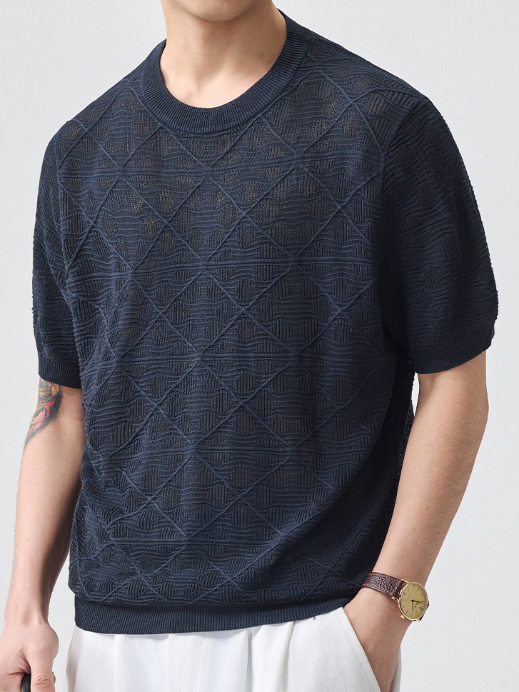 男士薄款春夏新款針織老錢風男短袖網格透氣超薄日系復古亞麻T恤