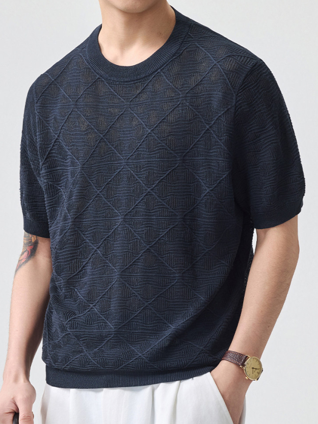 男士薄款春夏新款針織老錢風男短袖網格透氣超薄日系復古亞麻T恤