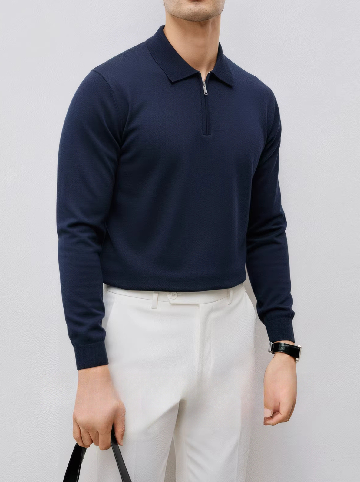 高端商務通勤 羊毛莫代爾 設計感拉鍊翻領毛衣男士冬季保暖針織衫