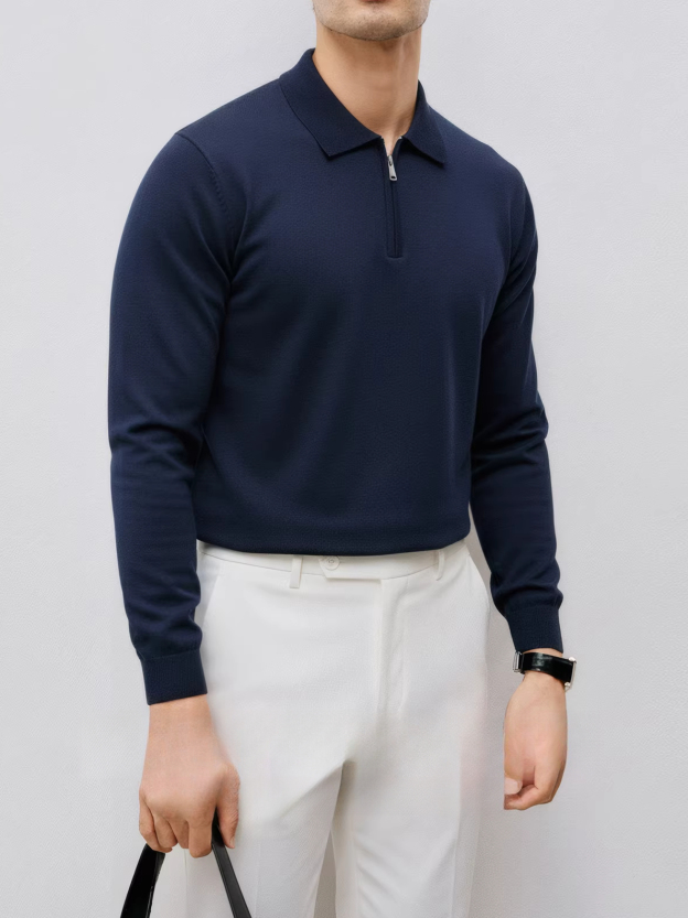 高端商務通勤 羊毛莫代爾 設計感拉鍊翻領毛衣男士冬季保暖針織衫