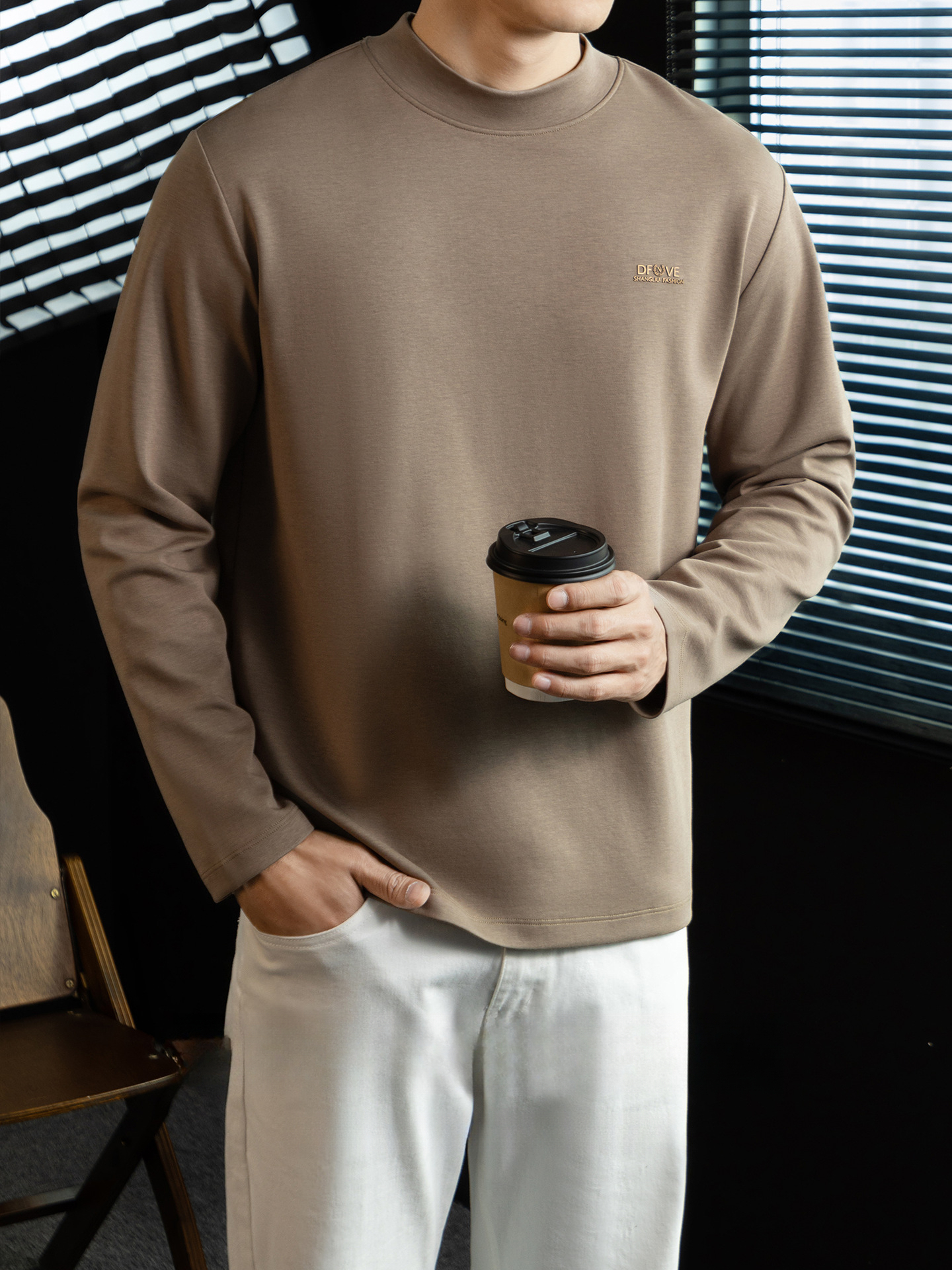 高定雲柔莫代爾棉T恤男士半高領秋冬輕熟商務打底衫垂感印花上衣