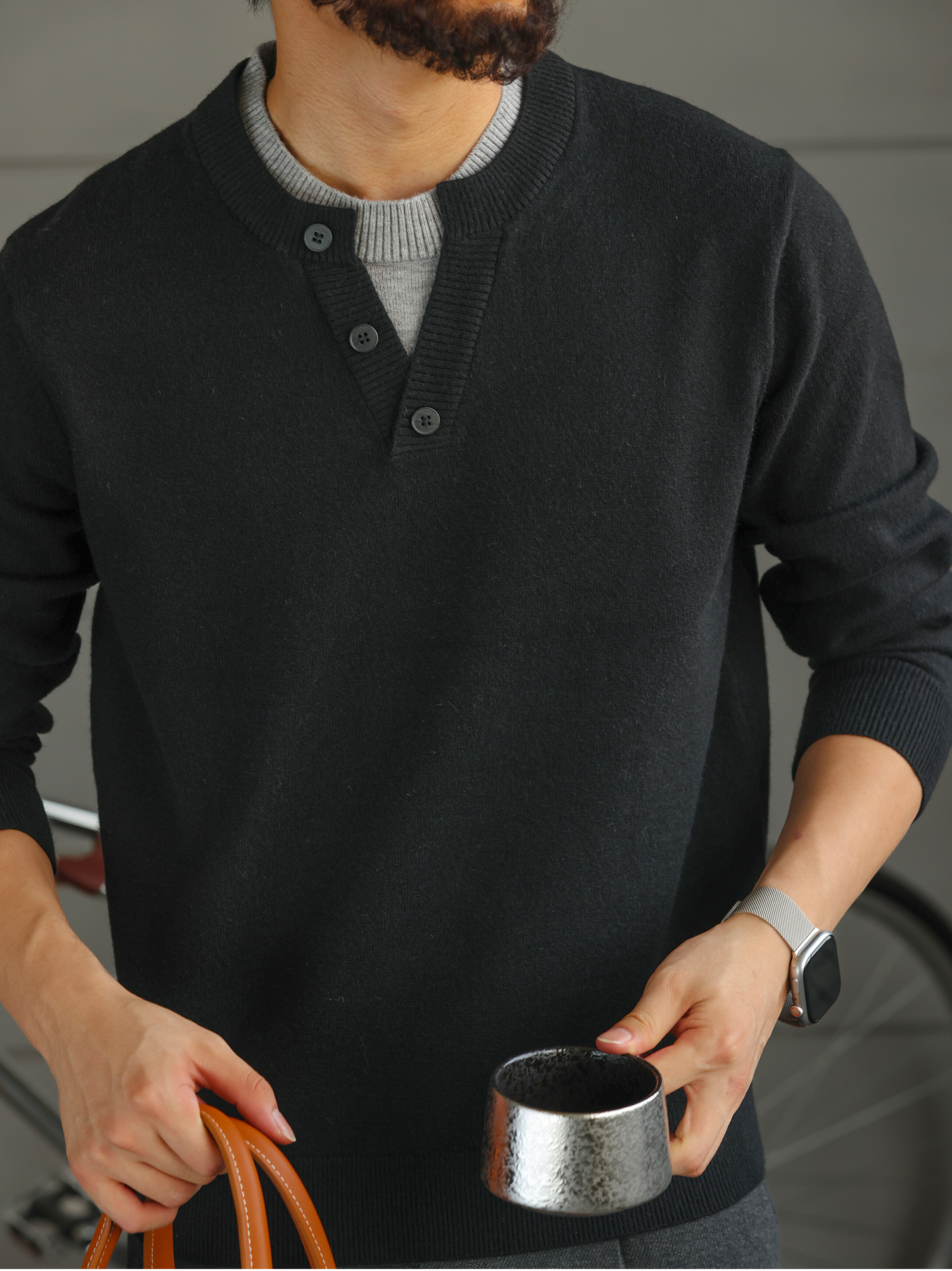 【紳士型格】羊毛混紡假兩件圓領毛衣男易打理針織打底衫